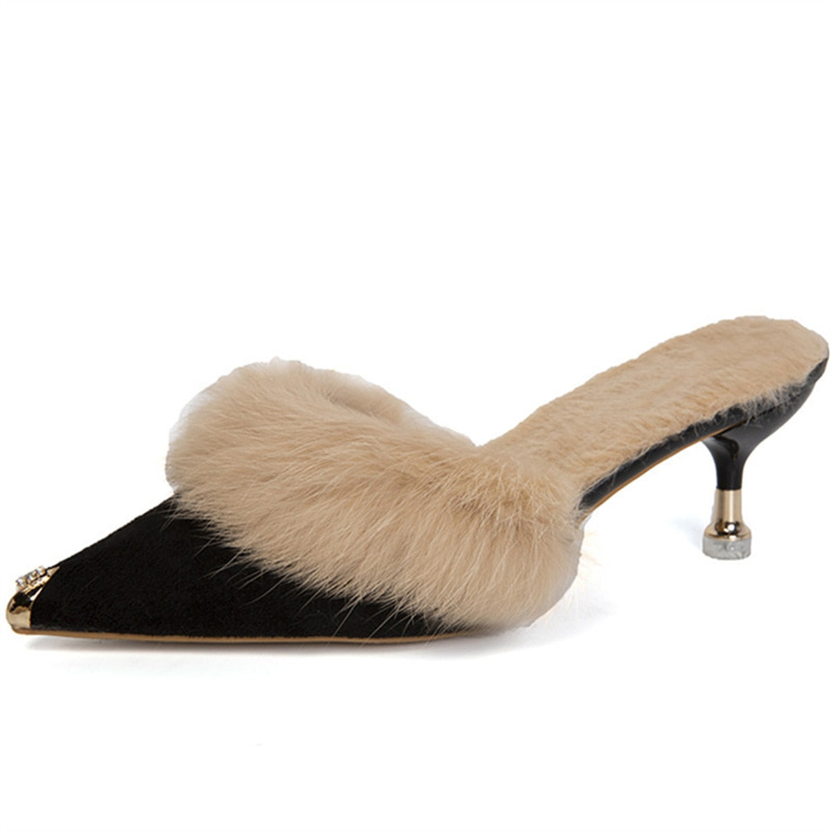 Women High Heel Shoes 2023 Fur Slippers Mules Pointed Toe Furry Slides Fashion Elegant Luxury Designer Flip Flops Office Pumps