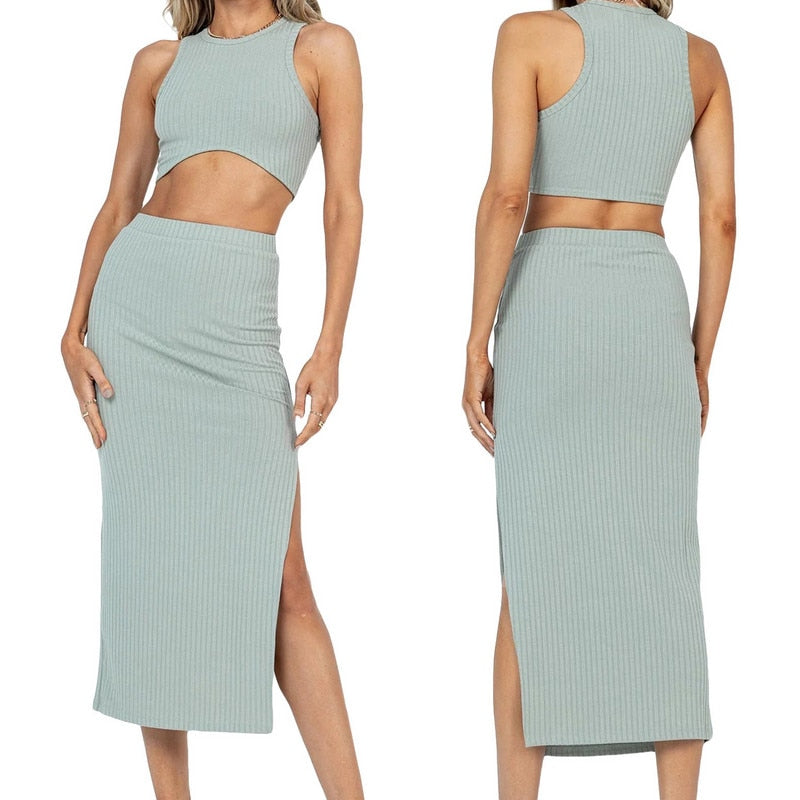 Two Piece Skirt Set Women's Suit y2k Clothes Summer 2023 Sexy Outfit Cropped Top and Split Skirt Chic Elegant Female Clothing