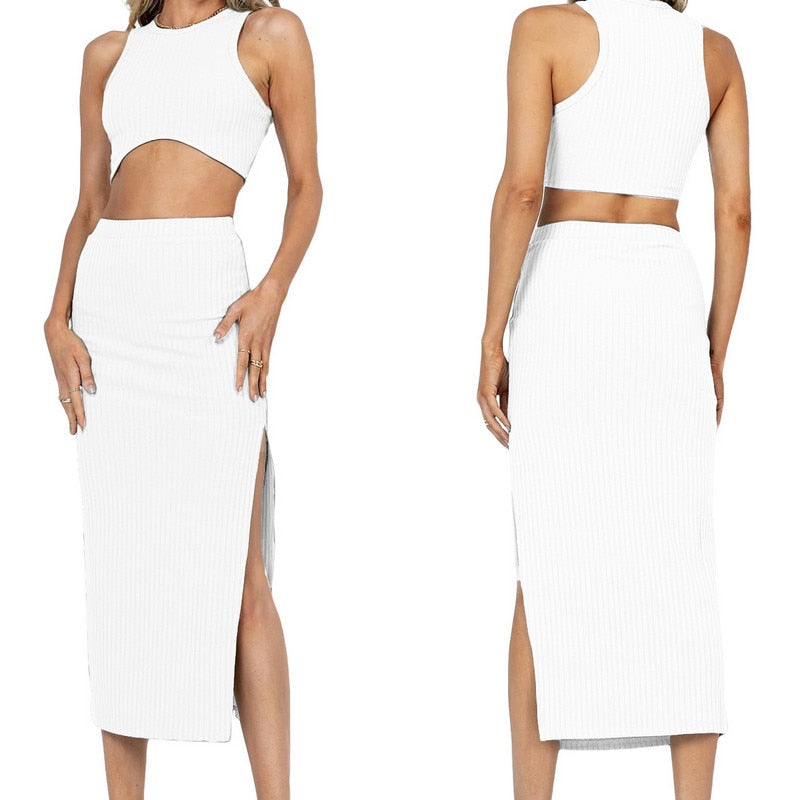 Two Piece Skirt Set Women's Suit y2k Clothes Summer 2023 Sexy Outfit Cropped Top and Split Skirt Chic Elegant Female Clothing